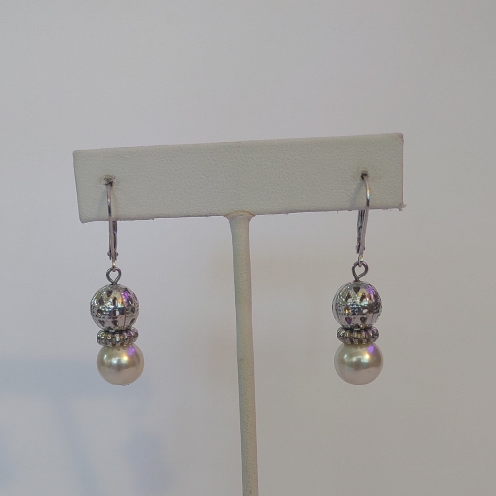 Silver-Tone Pearl Drop Earrings - White Pearl Dangles